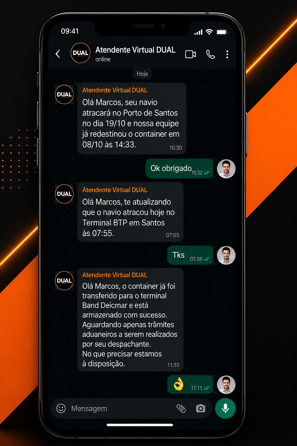 Mockup de conversa no WhatsApp com atualizações automáticas da carga enviadas pelo atendente virtual DUAL