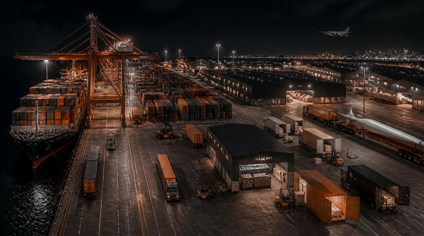 Vista aérea cinematográfica de um terminal portuário com navio, containers, armazéns, caminhões e cargas especiais